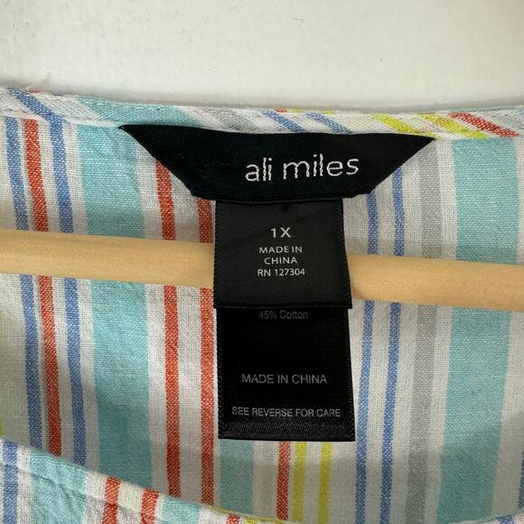 Ali Miles Tunic Top Womens Size 1X Multicolor Striped Linen Cotton Asymmetrical - Picture 3 of 8